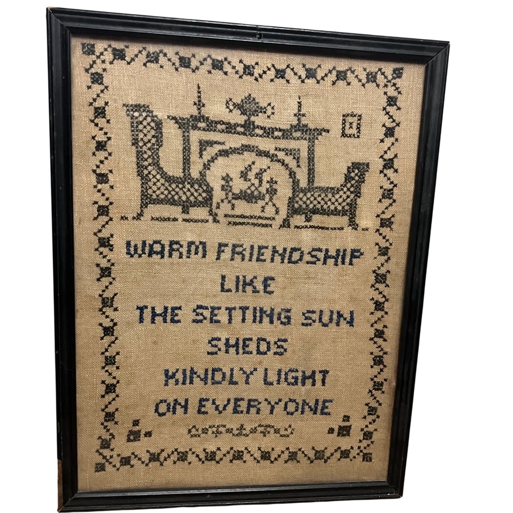Vtg Framed Cross Stitch Sampler Warm Friendship Fireplace Primitive cottagecore